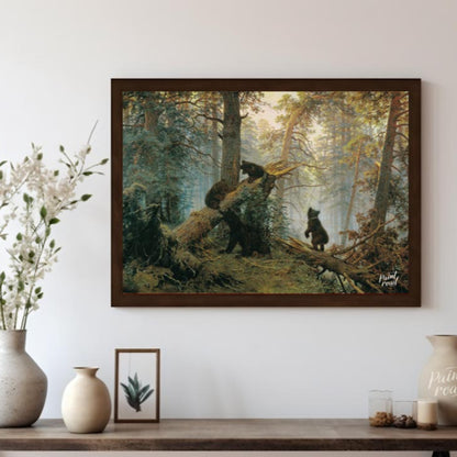 This masterful oil painting, reminiscent of classic Russian landscape art, depicts a dense pine for… for living room