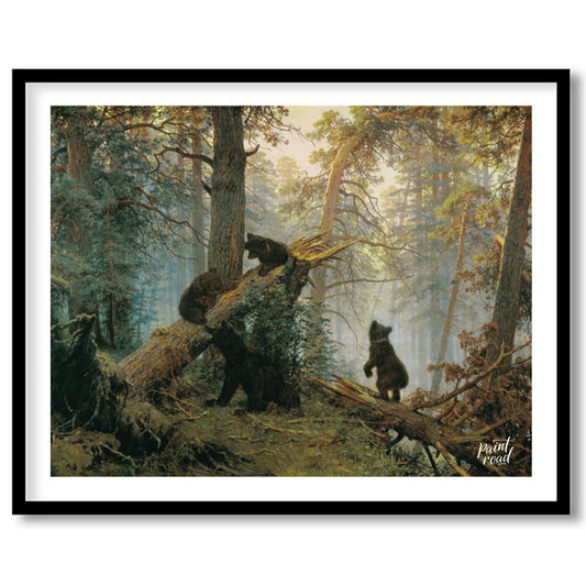 This masterful oil painting, reminiscent of classic Russian landscape art, depicts a dense pine for… for retreat
