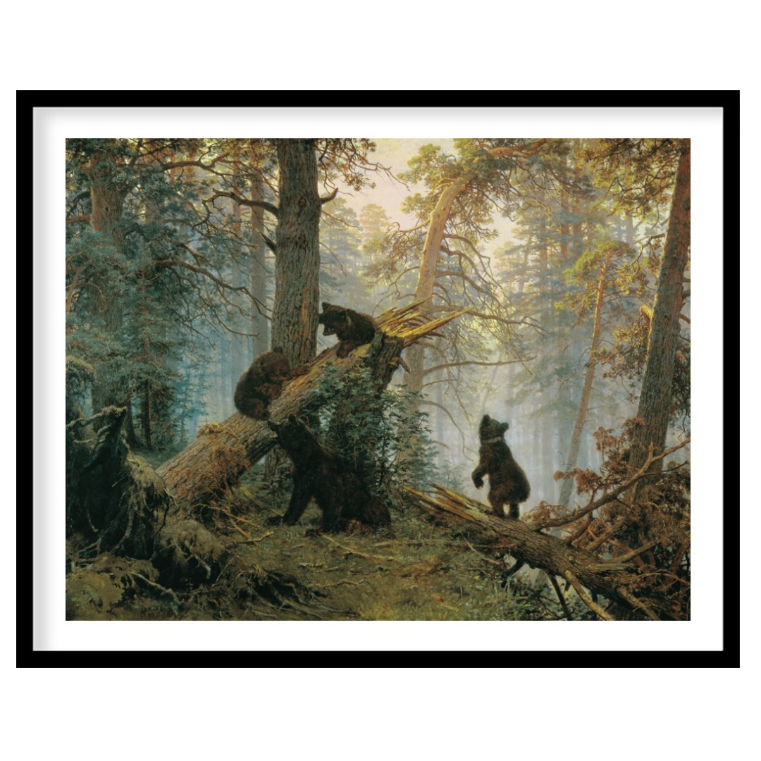 This masterful oil painting, reminiscent of classic Russian landscape art, depicts a dense pine for… for retreat