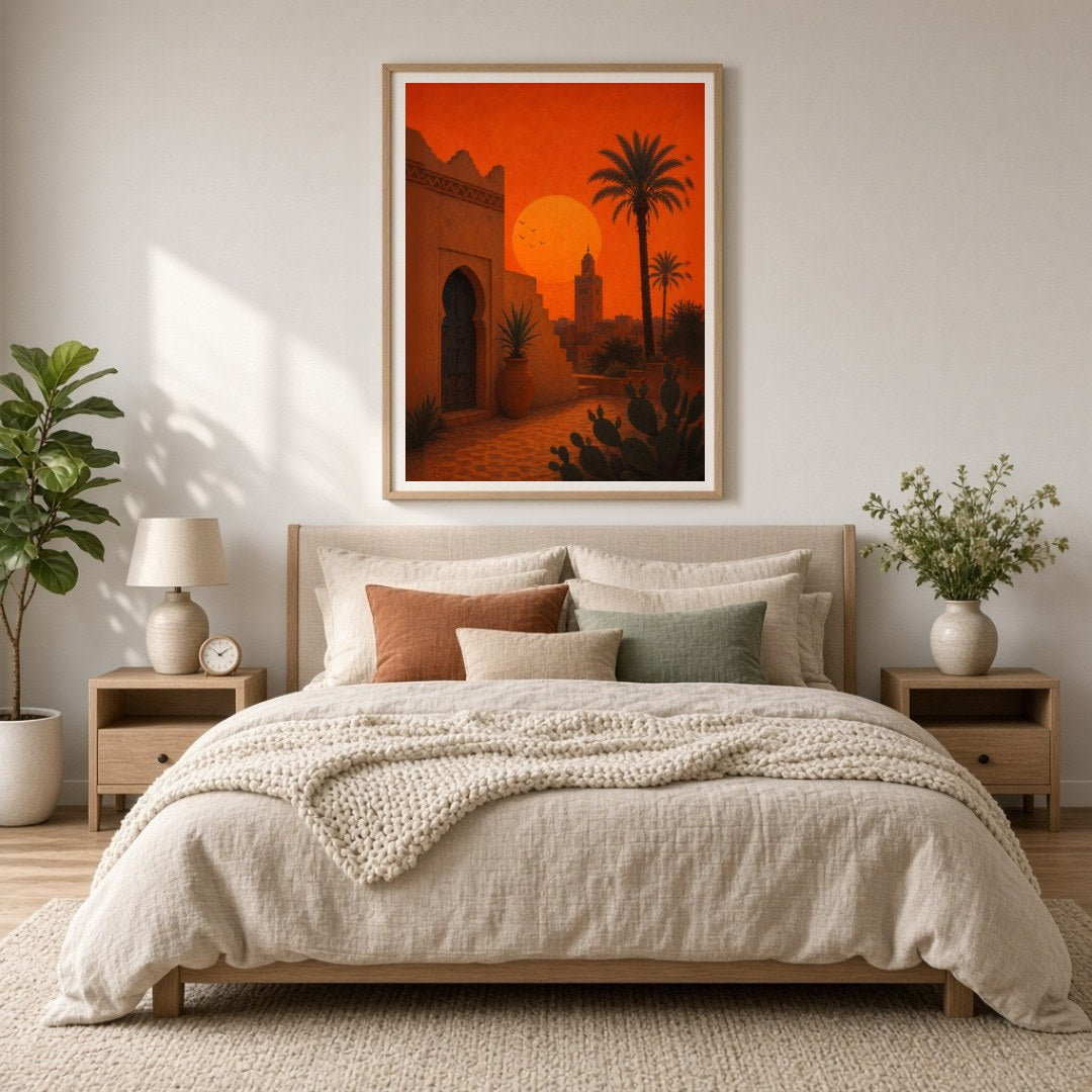 Capture the enchanting glow of a Moroccan sunset with this stunning Mediterranean landscape art for Bedroom