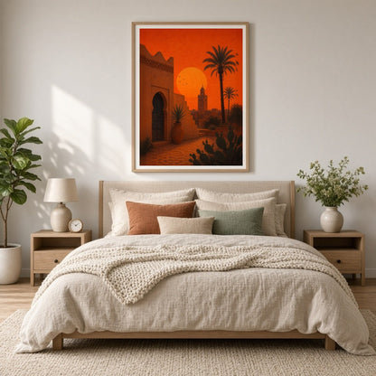 Capture the enchanting glow of a Moroccan sunset with this stunning Mediterranean landscape art for Bedroom