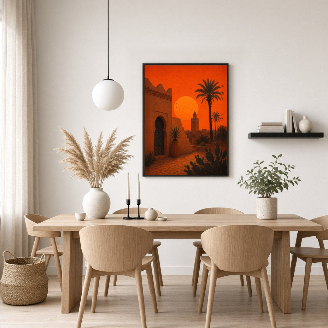 Capture the enchanting glow of a Moroccan sunset with this stunning Mediterranean landscape art for Dining