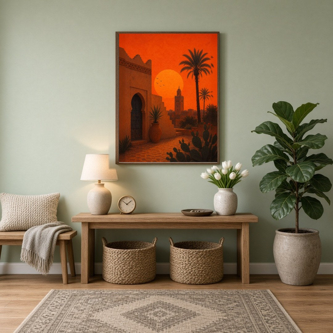 Capture the enchanting glow of a Moroccan sunset with this stunning Mediterranean landscape art for Entrance