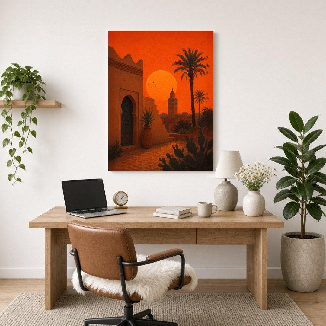 Capture the enchanting glow of a Moroccan sunset with this stunning Mediterranean landscape art for Home Office