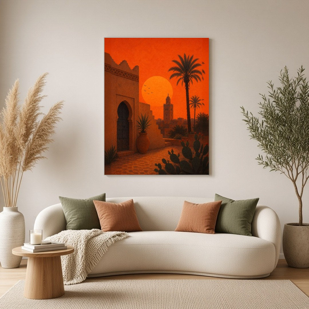 Capture the enchanting glow of a Moroccan sunset with this stunning Mediterranean landscape art for Living Room