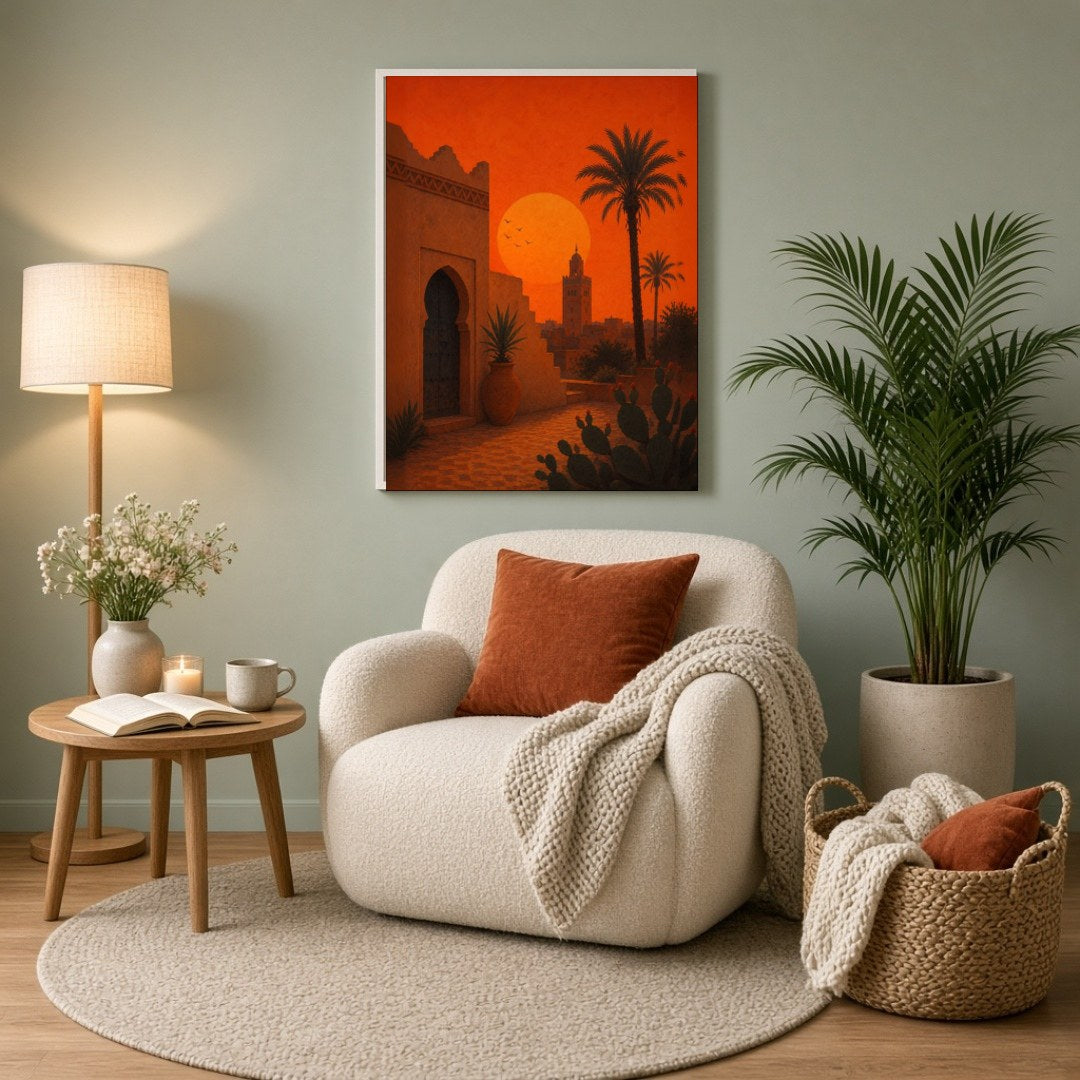 Capture the enchanting glow of a Moroccan sunset with this stunning Mediterranean landscape art for Reading Nook