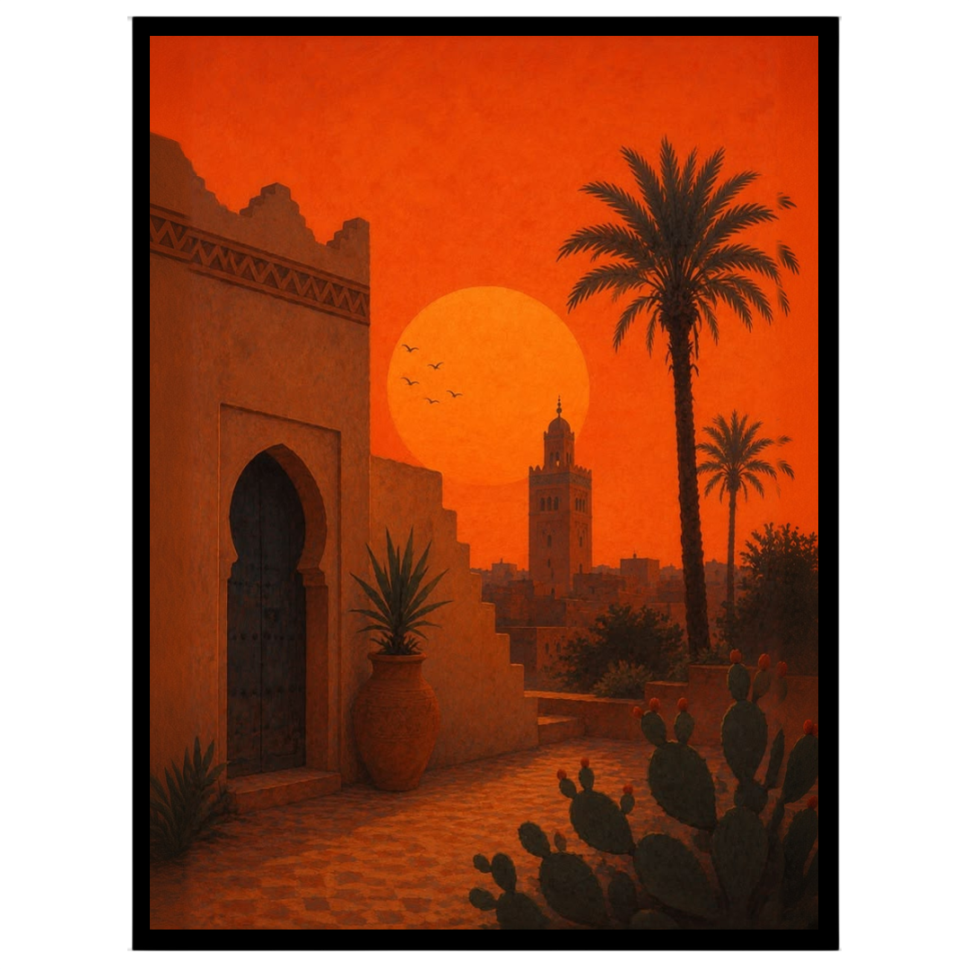 Capture the enchanting glow of a Moroccan sunset with this stunning Mediterranean landscape art for studio