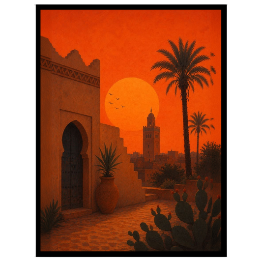 Capture the enchanting glow of a Moroccan sunset with this stunning Mediterranean landscape art for studio