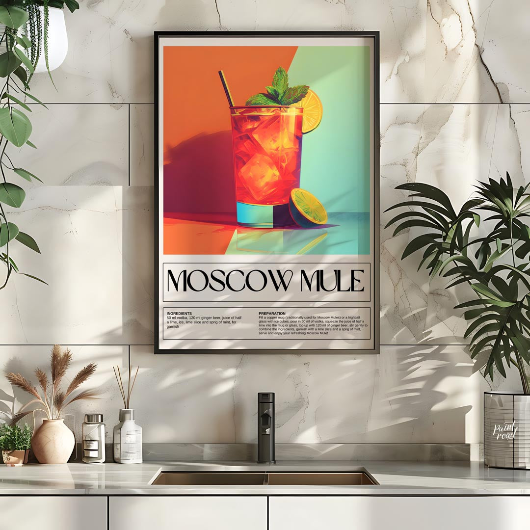 This energetic and stylish poster features a vibrant Moscow Mule, characteristically served in a ta… for kitchen