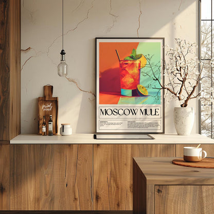 This energetic and stylish poster features a vibrant Moscow Mule, characteristically served in a ta… for kitchen