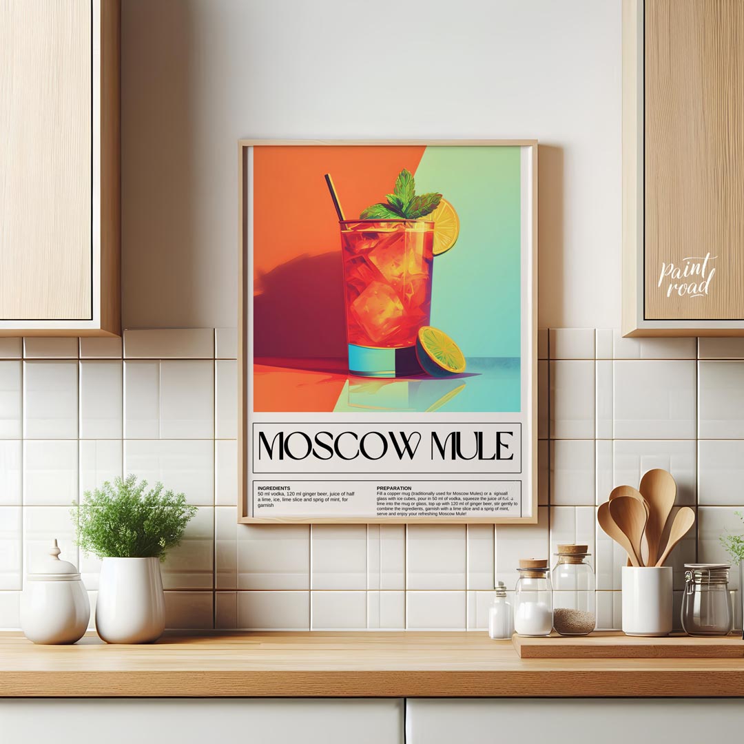 This energetic and stylish poster features a vibrant Moscow Mule, characteristically served in a ta… for kitchen