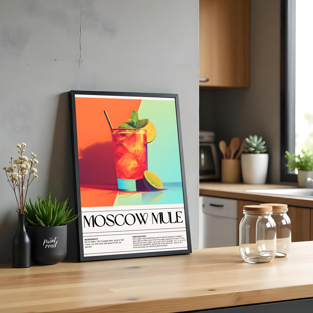 This energetic and stylish poster features a vibrant Moscow Mule, characteristically served in a ta… for kitchen