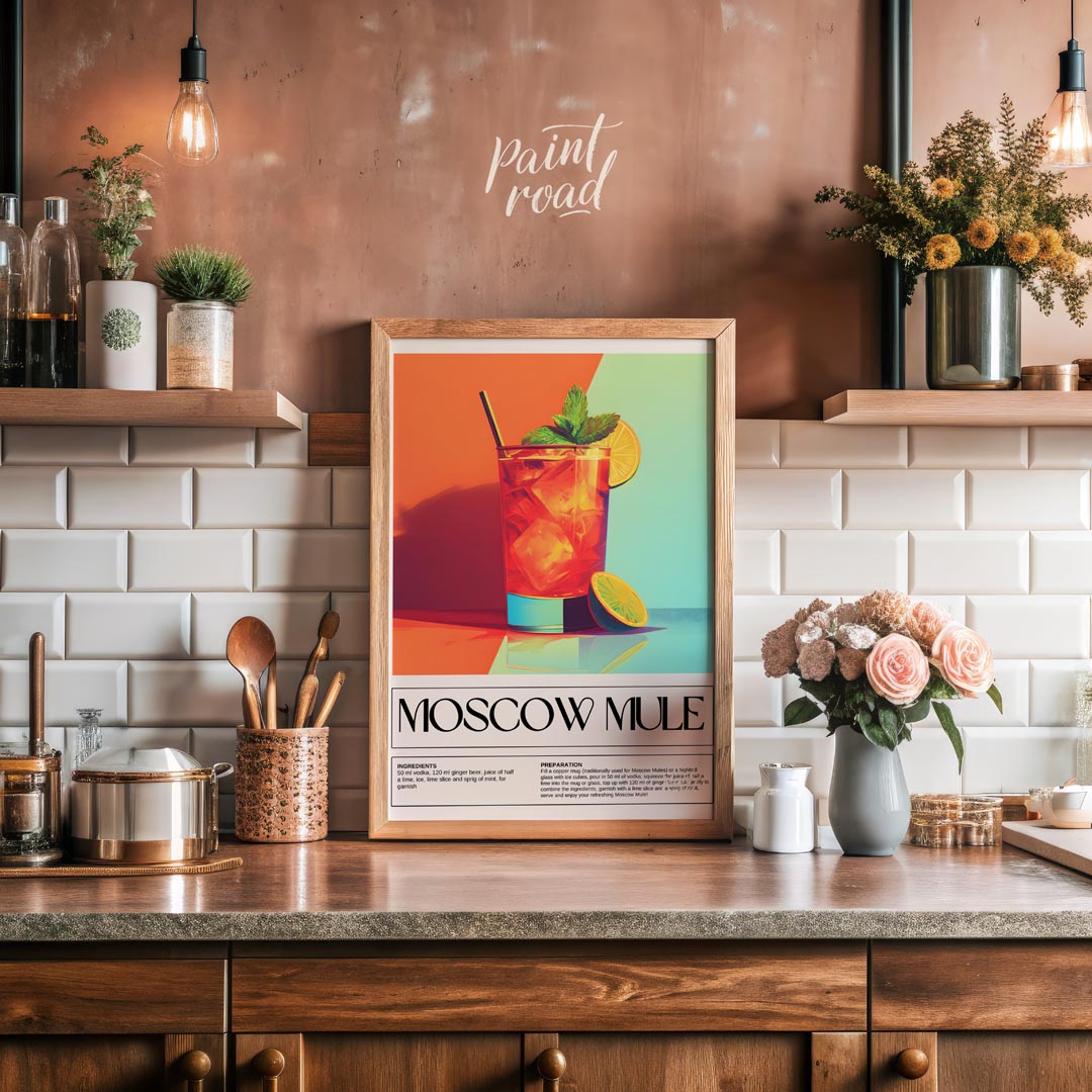 This energetic and stylish poster features a vibrant Moscow Mule, characteristically served in a ta… for kitchen