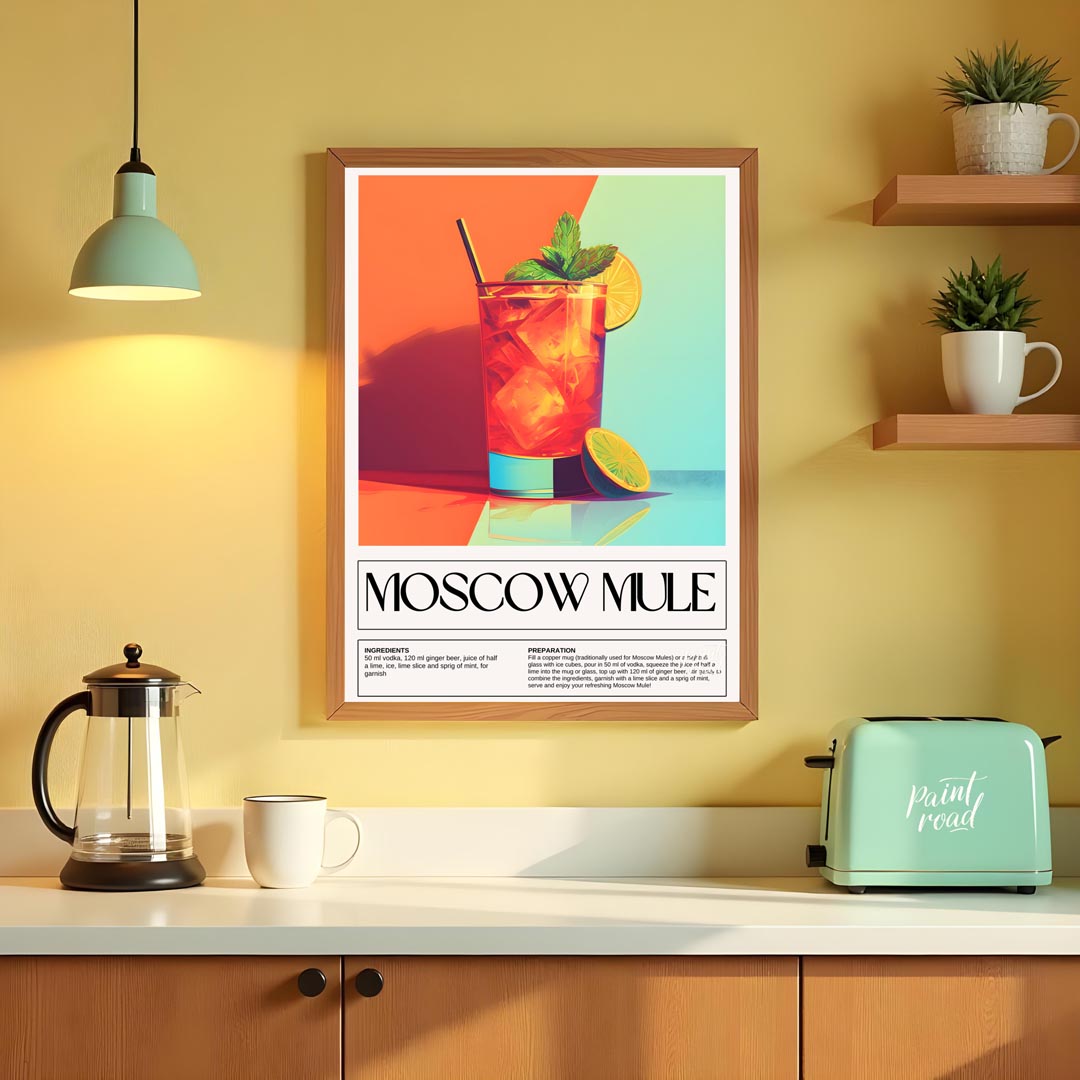 This energetic and stylish poster features a vibrant Moscow Mule, characteristically served in a ta… for kitchen