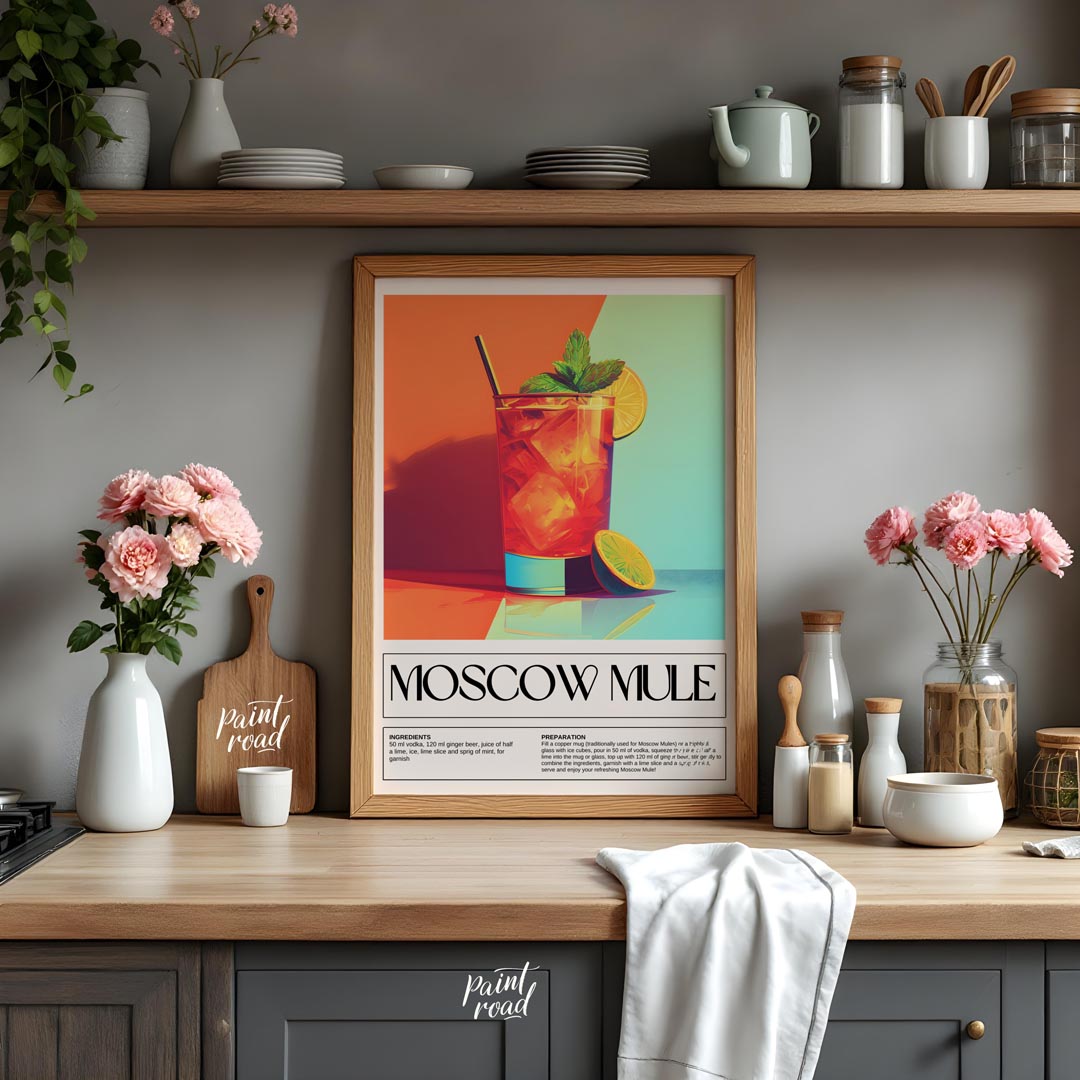 This energetic and stylish poster features a vibrant Moscow Mule, characteristically served in a ta… for kitchen