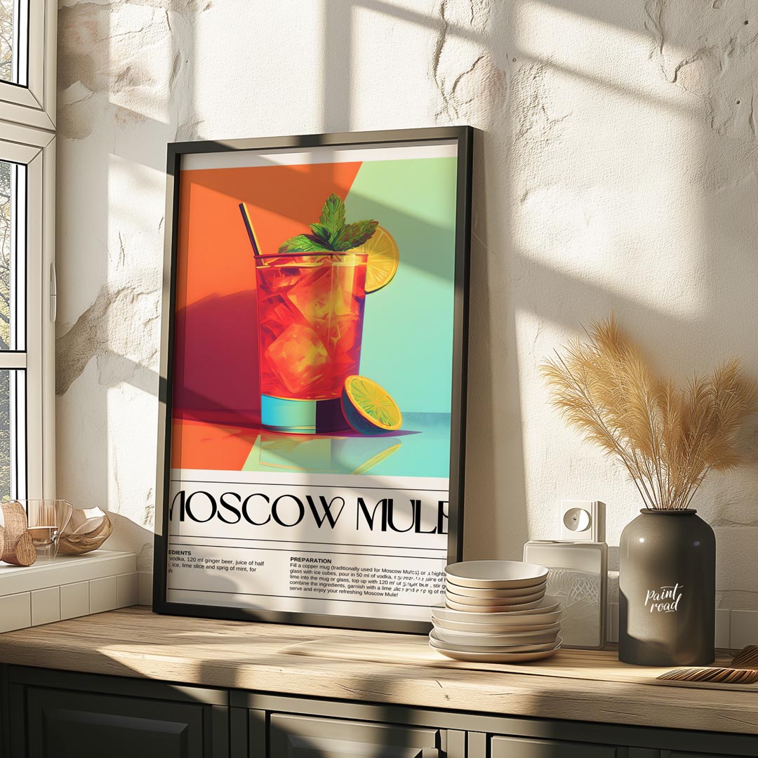 This energetic and stylish poster features a vibrant Moscow Mule, characteristically served in a ta… for kitchen