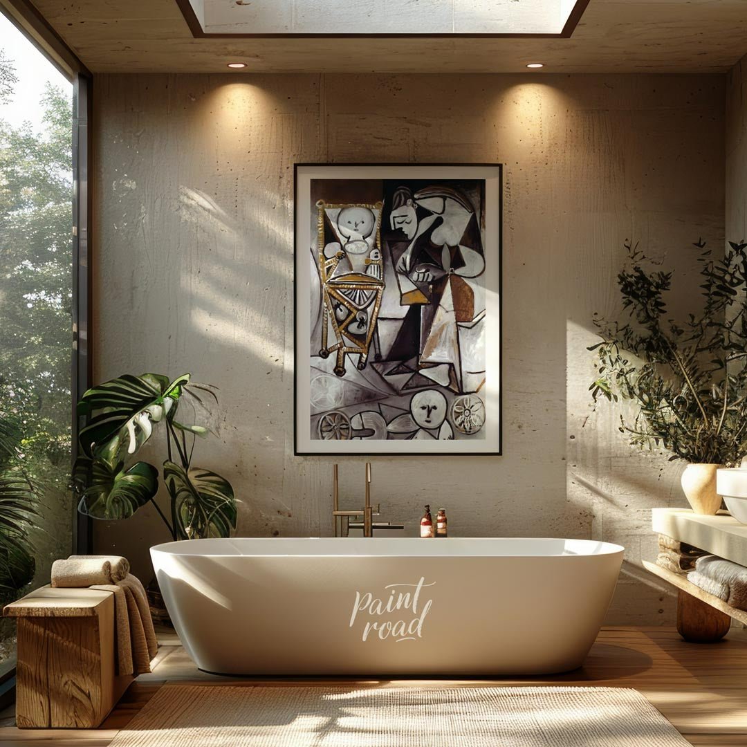 This monochromatic artwork by Pablo Picasso, rendered primarily in shades of brown, white, and blac… for bathroom