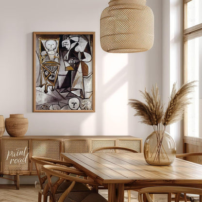 This monochromatic artwork by Pablo Picasso, rendered primarily in shades of brown, white, and blac… for dining room