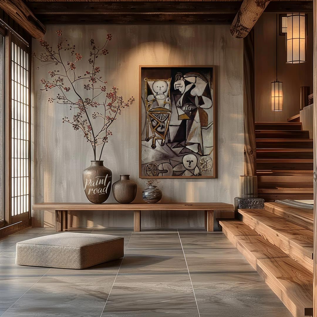 This monochromatic artwork by Pablo Picasso, rendered primarily in shades of brown, white, and blac… for entryway