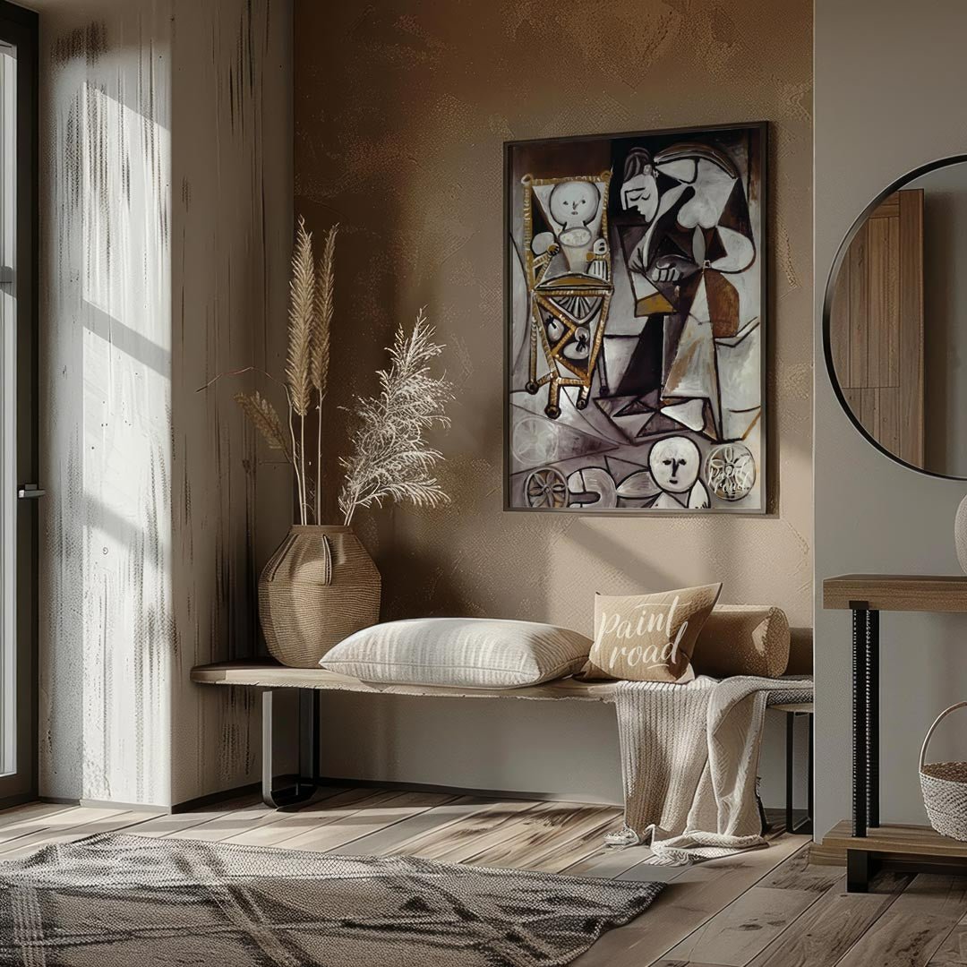 This monochromatic artwork by Pablo Picasso, rendered primarily in shades of brown, white, and blac… for entryway