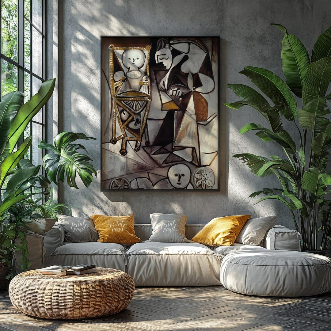 This monochromatic artwork by Pablo Picasso, rendered primarily in shades of brown, white, and blac… for living room