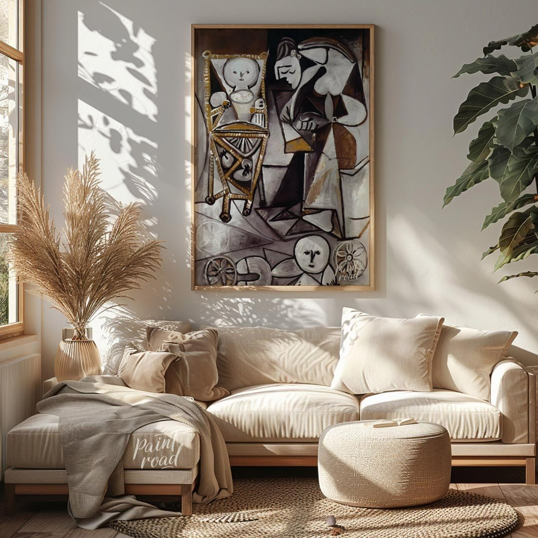 This monochromatic artwork by Pablo Picasso, rendered primarily in shades of brown, white, and blac… for living room