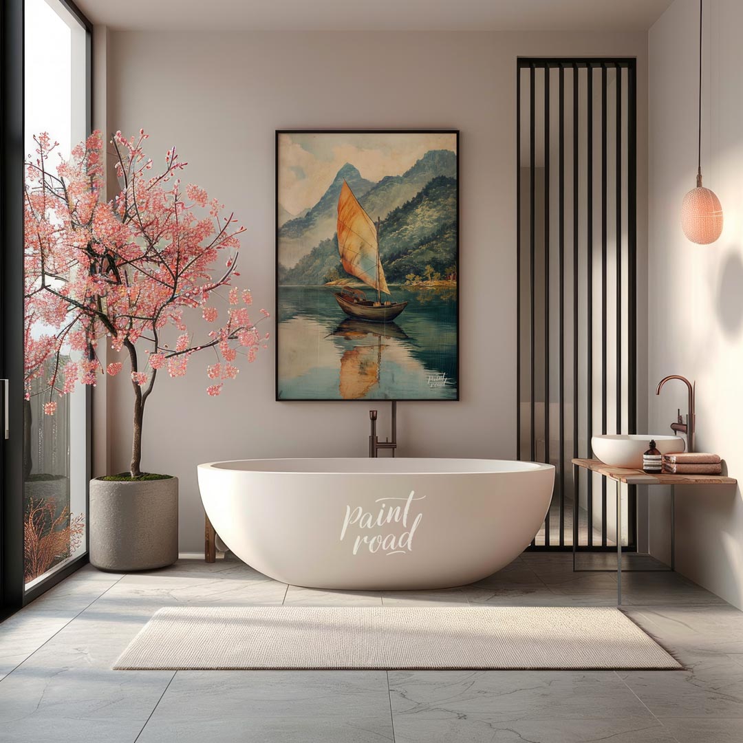 This serene artwork depicts a solitary sailboat gently gliding across a calm, reflective lake, set … for bathroom