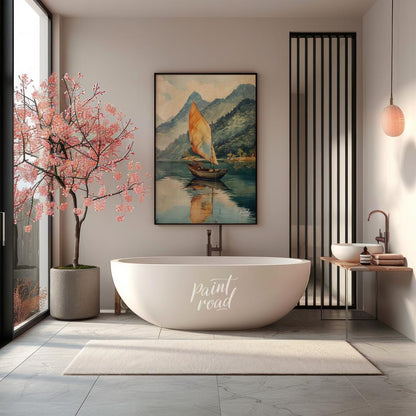 This serene artwork depicts a solitary sailboat gently gliding across a calm, reflective lake, set … for bathroom