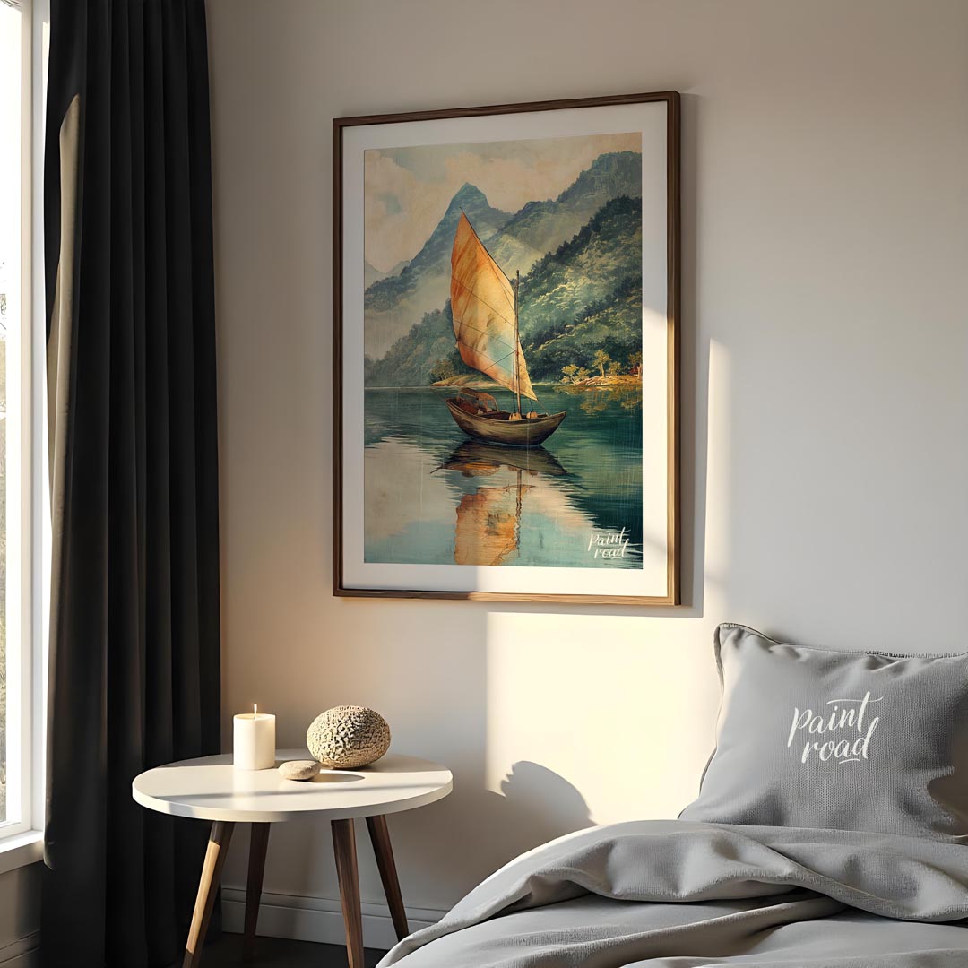 This serene artwork depicts a solitary sailboat gently gliding across a calm, reflective lake, set … for bedroom