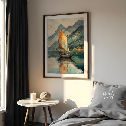 This serene artwork depicts a solitary sailboat gently gliding across a calm, reflective lake, set … for bedroom