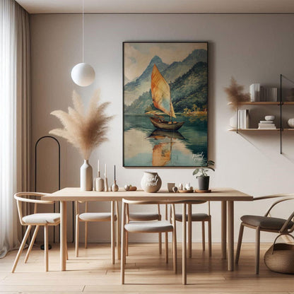 This serene artwork depicts a solitary sailboat gently gliding across a calm, reflective lake, set … for dining room