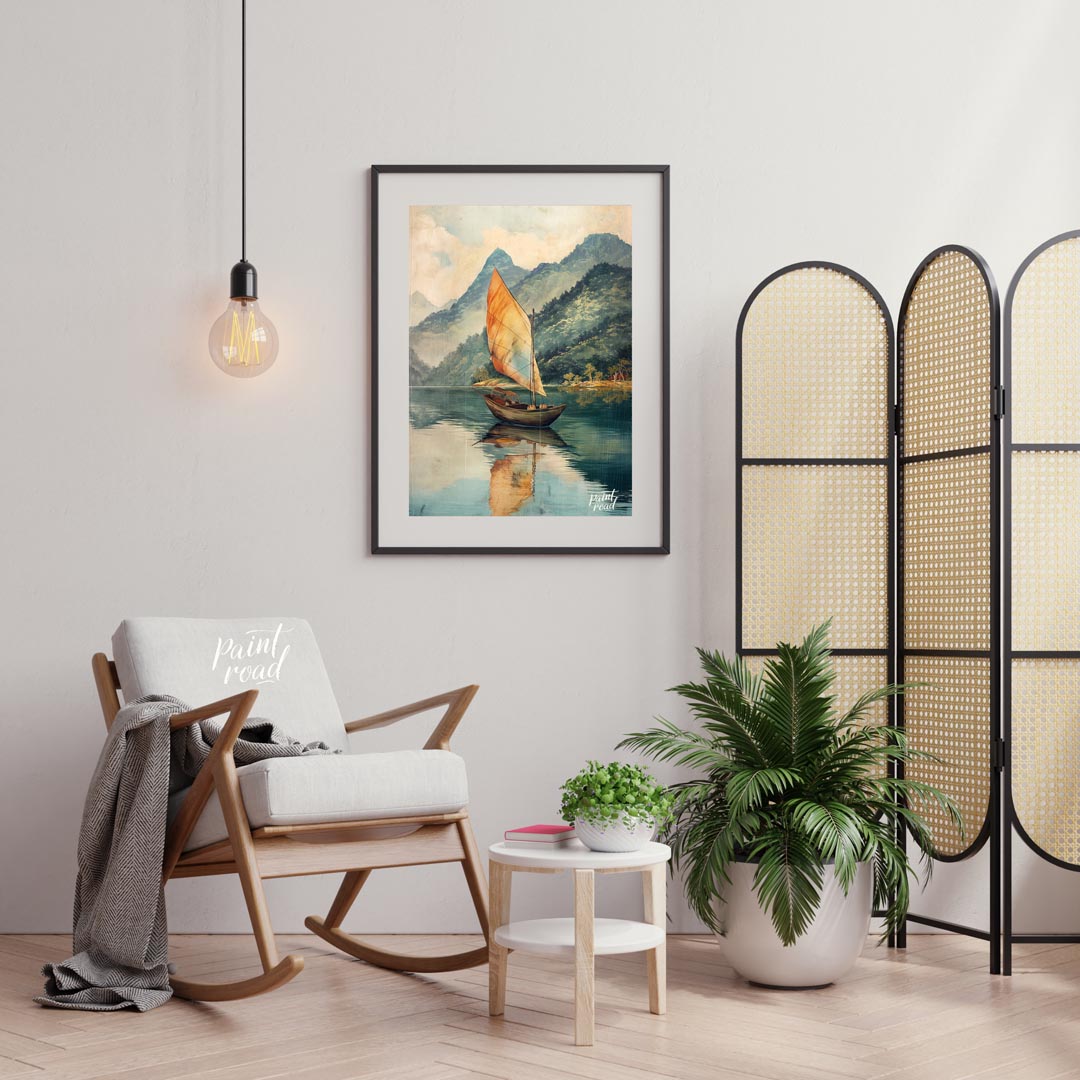 This serene artwork depicts a solitary sailboat gently gliding across a calm, reflective lake, set … for living room