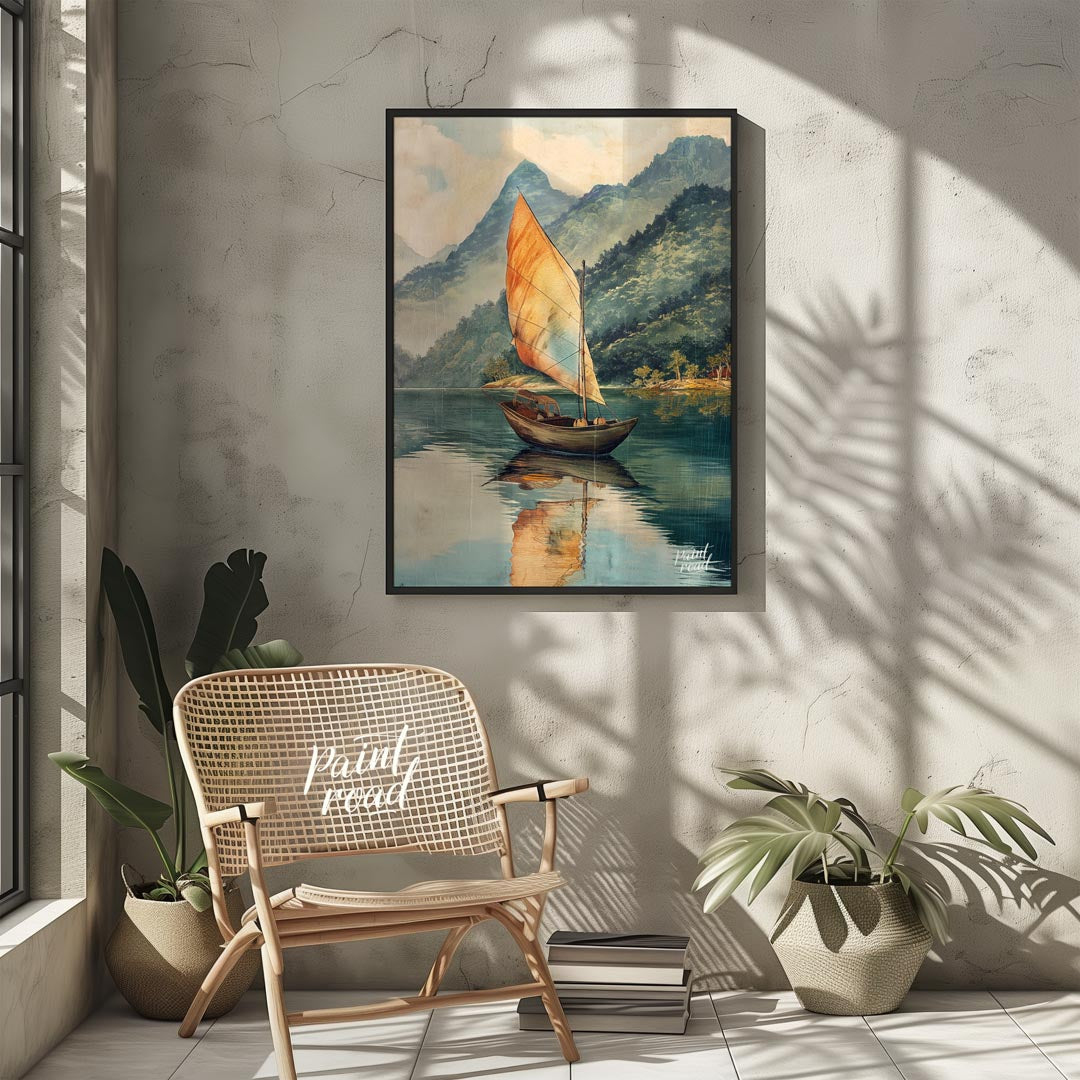 This serene artwork depicts a solitary sailboat gently gliding across a calm, reflective lake, set … for living room