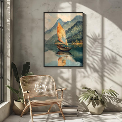 This serene artwork depicts a solitary sailboat gently gliding across a calm, reflective lake, set … for living room