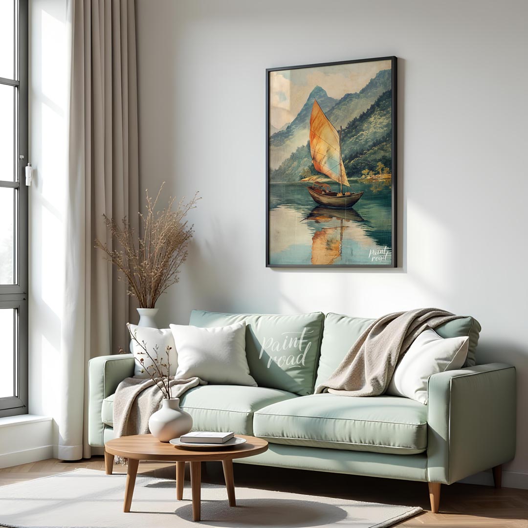This serene artwork depicts a solitary sailboat gently gliding across a calm, reflective lake, set … for living room