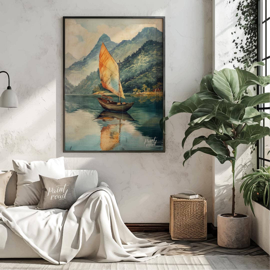 This serene artwork depicts a solitary sailboat gently gliding across a calm, reflective lake, set … for living room