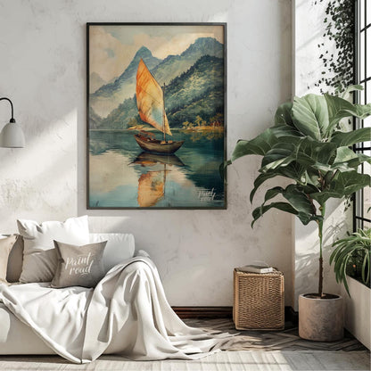 This serene artwork depicts a solitary sailboat gently gliding across a calm, reflective lake, set … for living room
