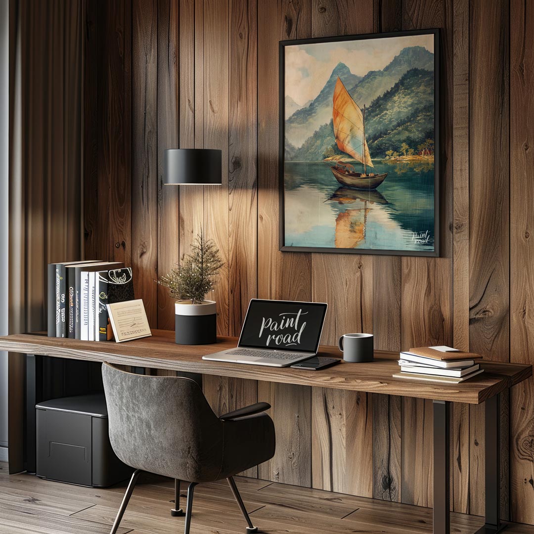 This serene artwork depicts a solitary sailboat gently gliding across a calm, reflective lake, set … for office