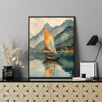 This serene artwork depicts a solitary sailboat gently gliding across a calm, reflective lake, set … for office