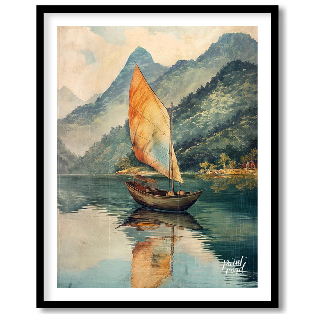 This serene artwork depicts a solitary sailboat gently gliding across a calm, reflective lake, set … for room