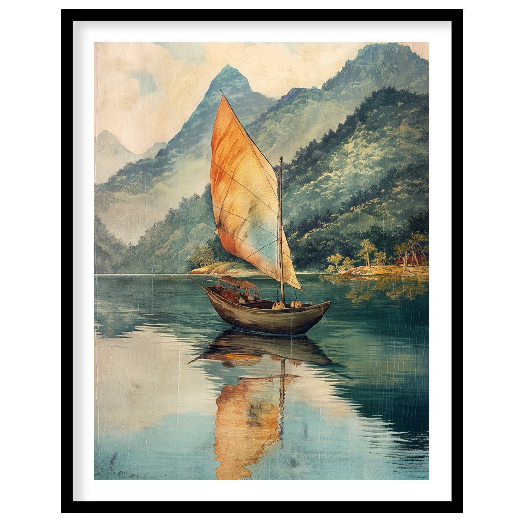 This serene artwork depicts a solitary sailboat gently gliding across a calm, reflective lake, set … for room