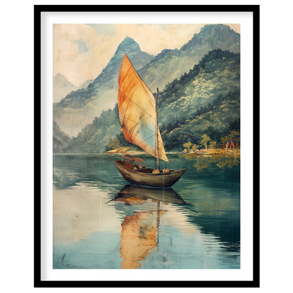 This serene artwork depicts a solitary sailboat gently gliding across a calm, reflective lake, set … for room