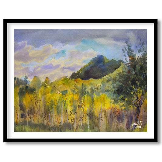 This watercolor painting captures a serene landscape with a mountain rising in the distance, framed… for area
