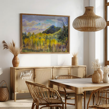 This watercolor painting captures a serene landscape with a mountain rising in the distance, framed… for dining room