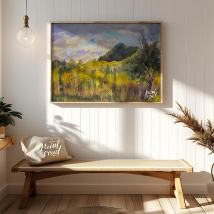 This watercolor painting captures a serene landscape with a mountain rising in the distance, framed… for entryway