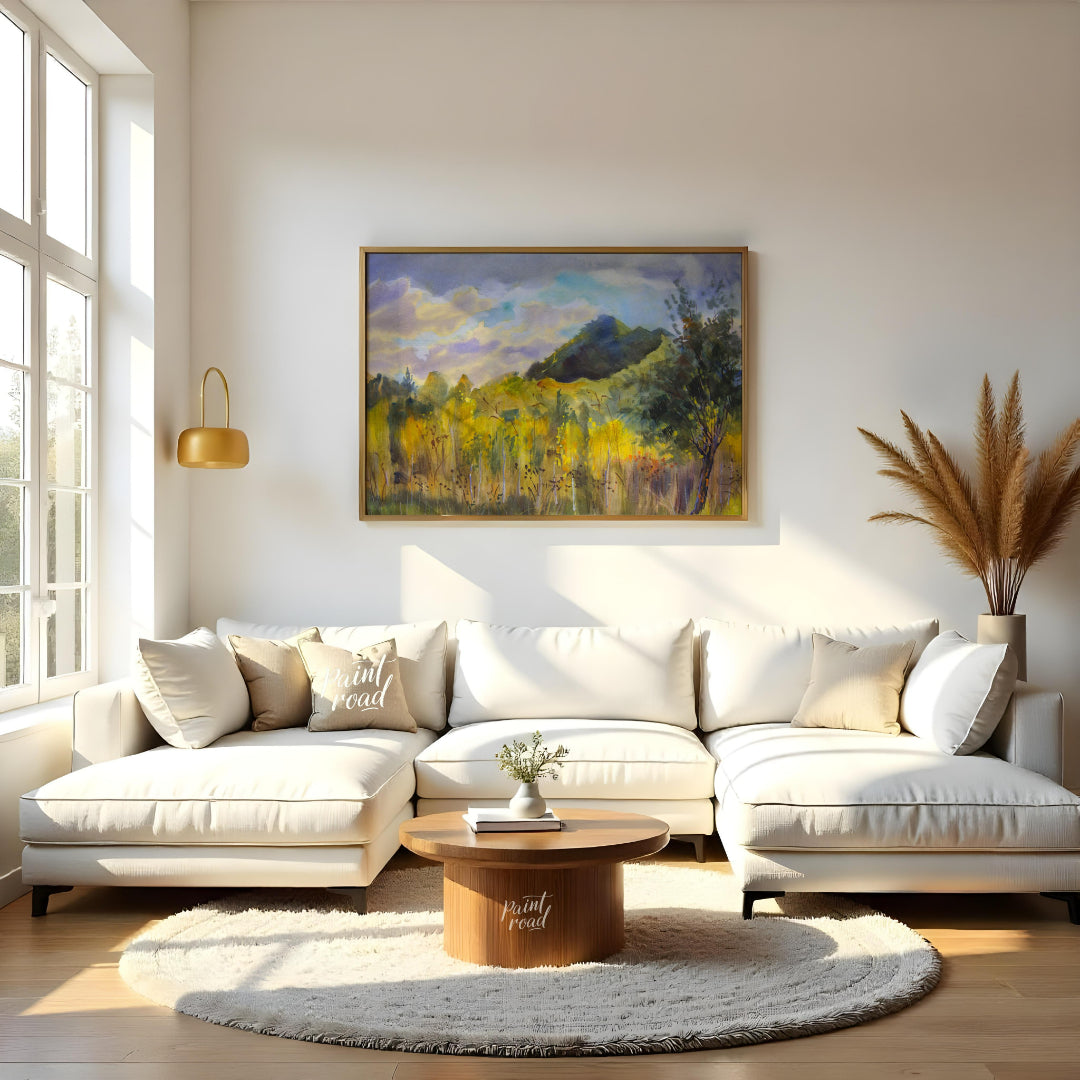 This watercolor painting captures a serene landscape with a mountain rising in the distance, framed… for living room