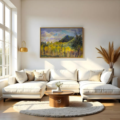 This watercolor painting captures a serene landscape with a mountain rising in the distance, framed… for living room