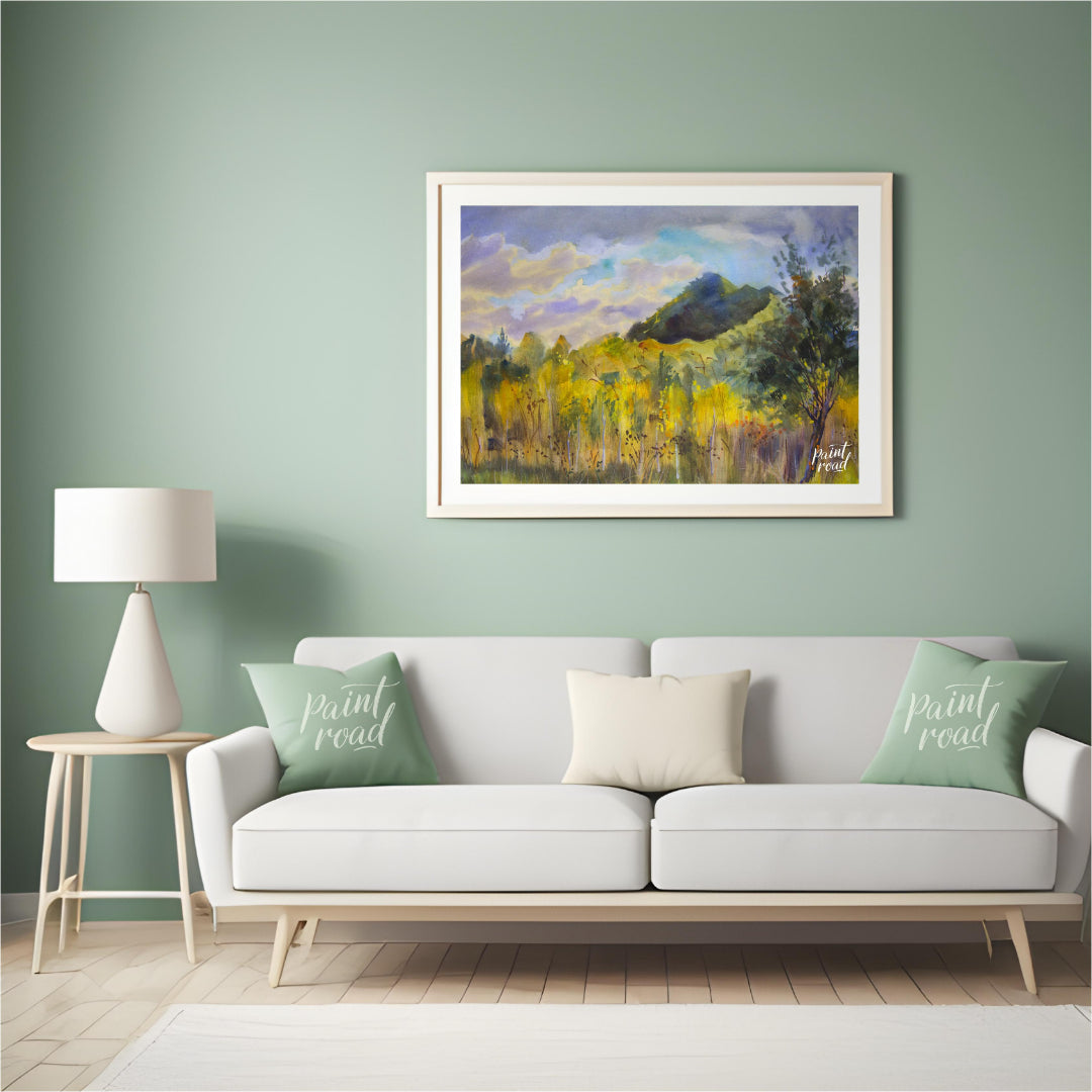 This watercolor painting captures a serene landscape with a mountain rising in the distance, framed… for living room