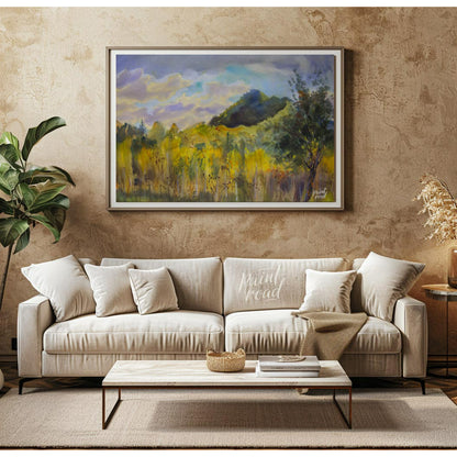 This watercolor painting captures a serene landscape with a mountain rising in the distance, framed… for living room