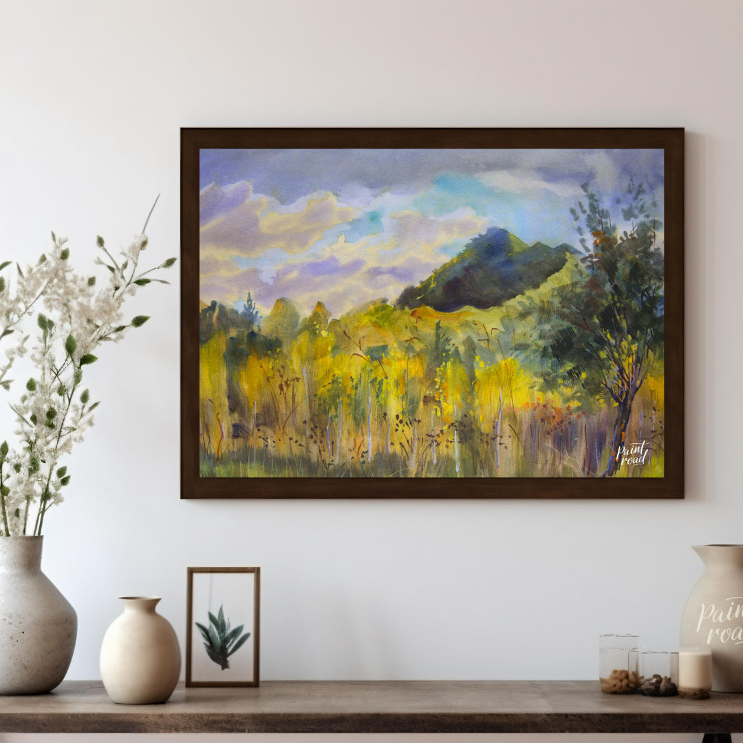 This watercolor painting captures a serene landscape with a mountain rising in the distance, framed… for living room